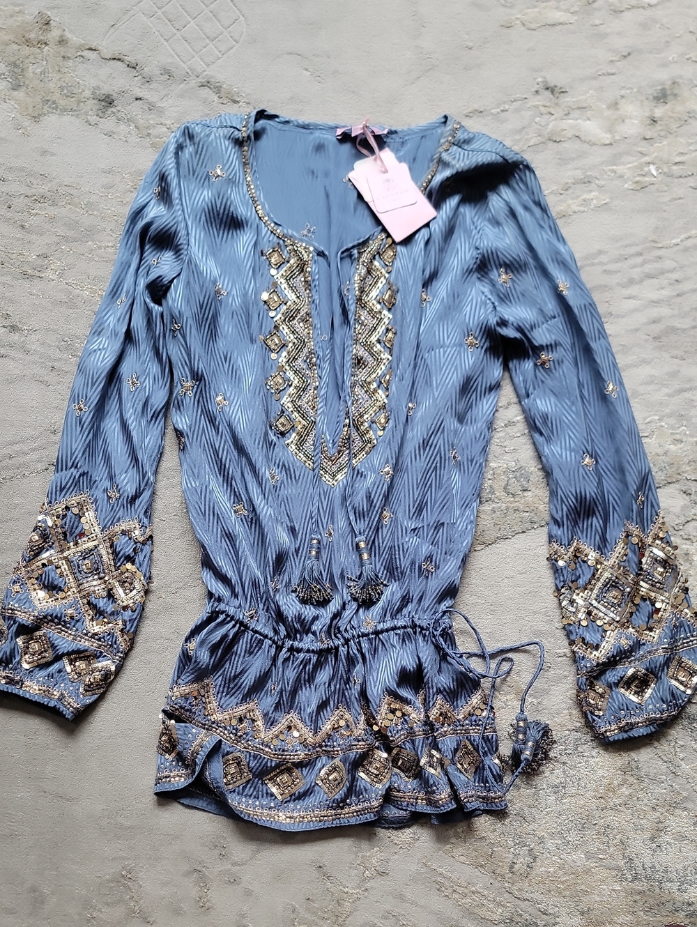 Calypso St. Barth Blue Silk Embellished Peasant Tunic